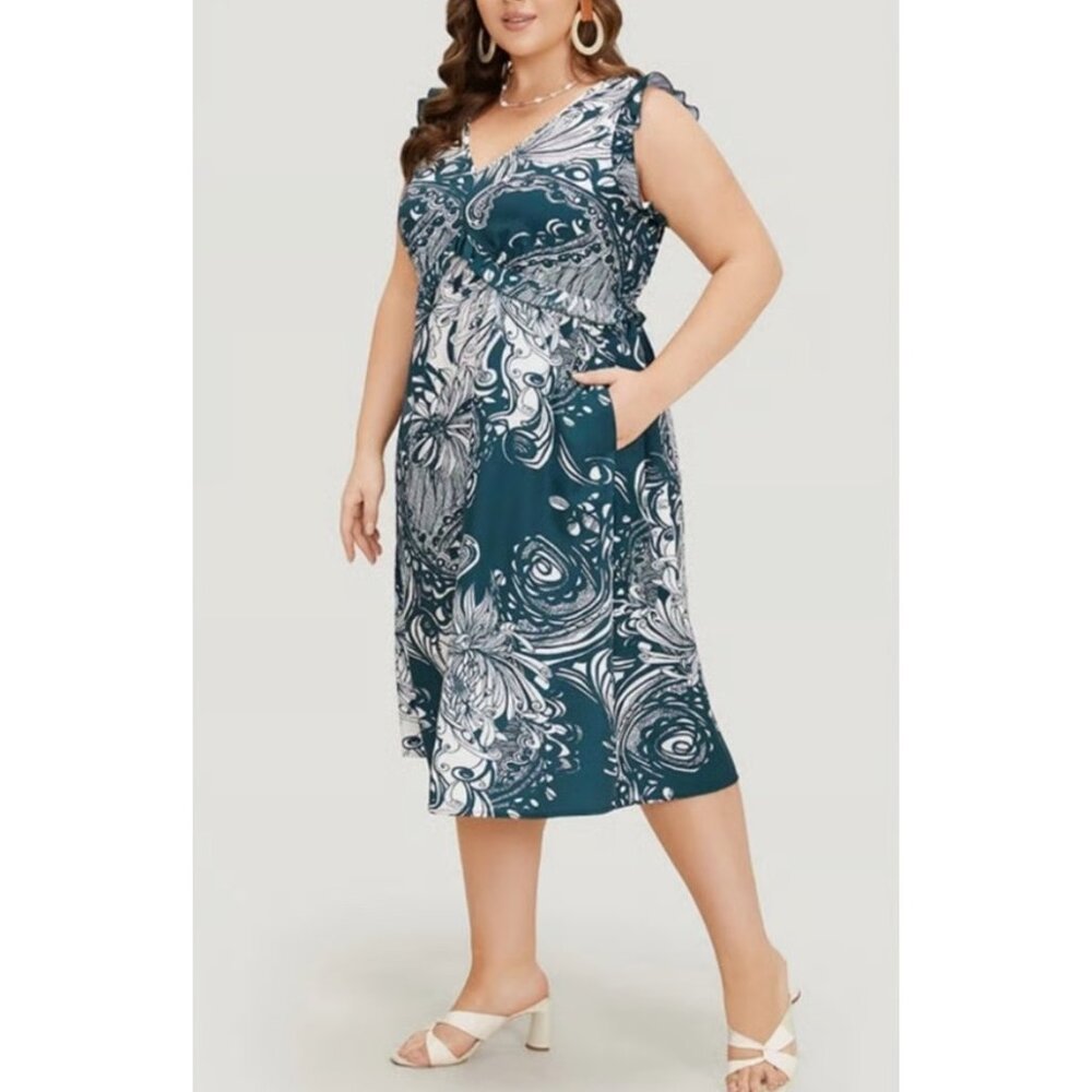 BloomChic Paisley Floral Ruffle Bust Cap Sleeve Dress Sz 22/24 (3XL) Teal Green
